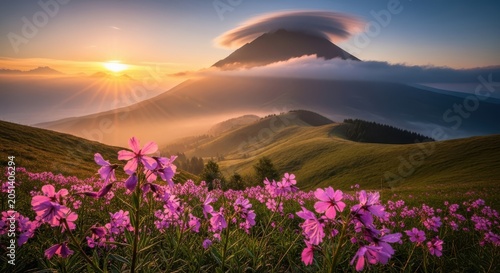 Majestic mountain sunrise bathed in golden light with vibrant pink wildflowers in the foreground