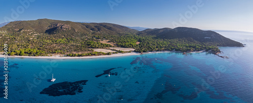 Aerial view of Palombaggia beach, Corsica, France.