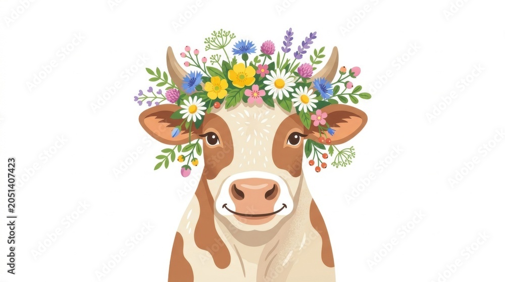 Fototapeta premium Cute Cartoon Cow with Colorful Flower Crown Illustration