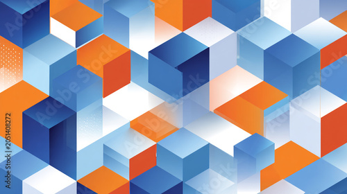 Abstract isometric cubes with a modern, futuristic vibe. Features a clean geometric pattern of blue, orange, and white lines and shapes, perfect for digital technology and business concepts.
