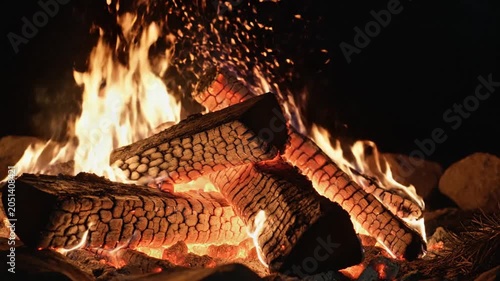 Warm campfire, burning wood, flames at night, cozy outdoor fire