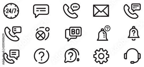 Set of thin line icons for communication and support services on a transparent background grid.