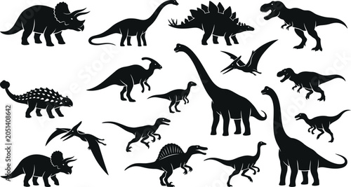 Foto Set of black dinosaur silhouettes various prehistoric animals flat vector illust