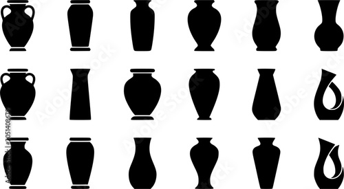 Floor Standing Vase silhouette icon set, flat black glyph style, pure white background