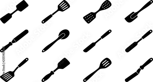 Kitchen spatula silhouette icon set, flat black glyph style, pure white background