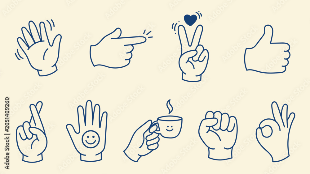 Fototapeta premium Doodle Hand Gestures Set Featuring Various Signs And Signals Isolated On Pale Background For Creative Design Projects And Playful Communication