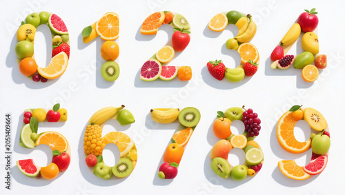 Numbers zero to nine filled with colorful fruit pattern on white background, fresh playful numeral set for education, healthy food and kids designs.