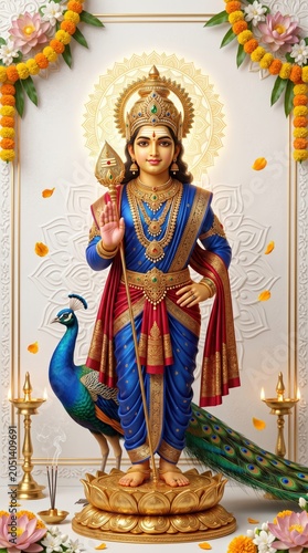 Kartikeya deity standing on lotus pedestal with sacred spear and peacock companion in traditional indian religious art style for spiritual worship and festive celebrations in elegant temple decor