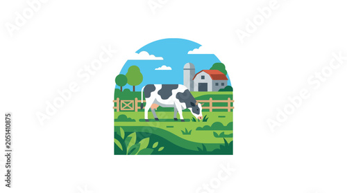 Photography Cow in a green field grazing.