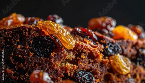 Detailed Macro View of Rich Fruitcake Texture with Visible Brandy-Soaked Sultanas and Raisins