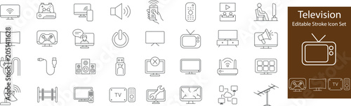 Television and Media Technology Line Icons Set Editable Stroke Vector Collection