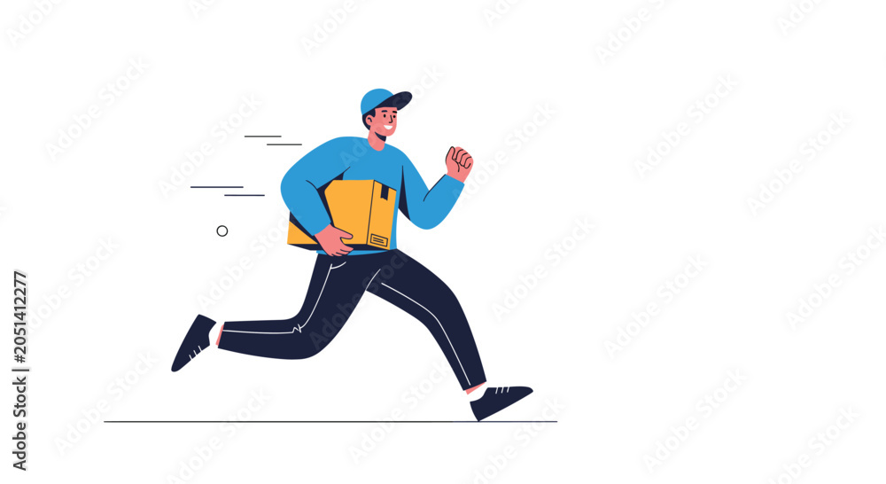 Fototapeta premium Delivery courier man in blue uniform running fast to deliver a cardboard box package isolated on white background.