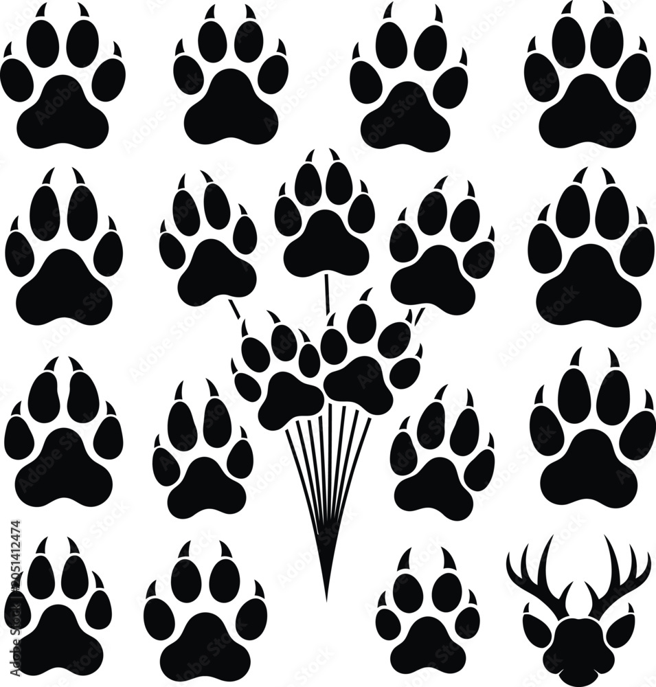 Fototapeta premium Animal paw prints and deer antlers silhouette collection