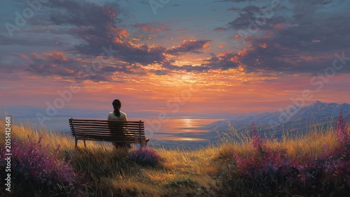 This wall art piece depicts a beautiful landscape, showing a young woman sitting on a wooden bench, her back to the viewer, gazing at the sunset. The sky is filled with strikingly beautiful colors.