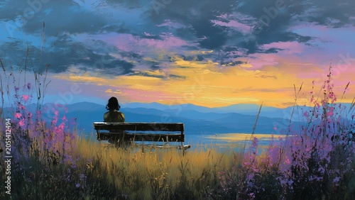 This wall art piece depicts a beautiful landscape, showing a young woman sitting on a wooden bench, her back to the viewer, gazing at the sunset. The sky is filled with strikingly beautiful colors.