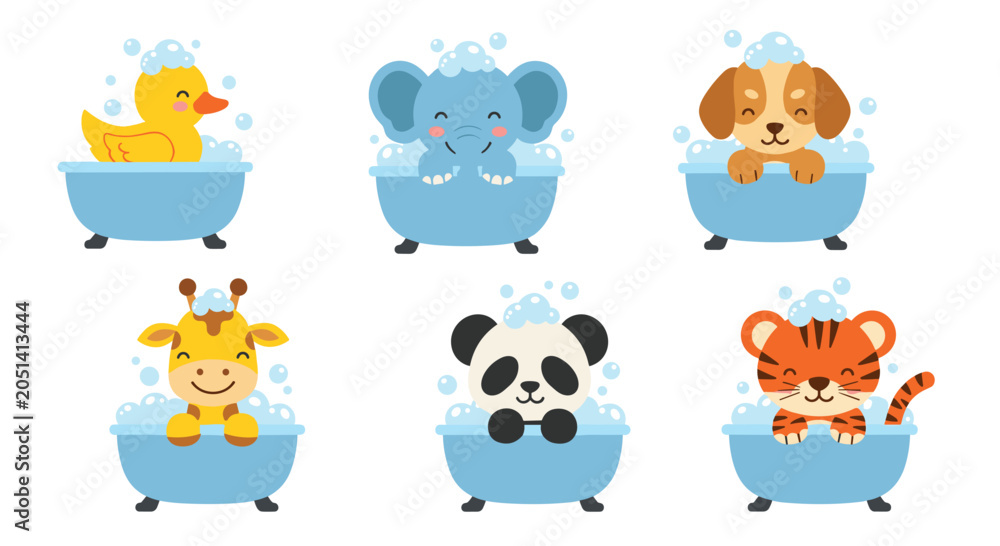 Fototapeta premium Set of six cute cartoon animals like an elephant, panda, and dog enjoying a bubble bath in blue tubs.