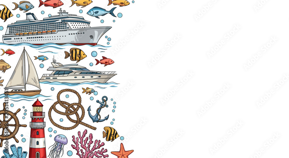 Obraz premium Richly detailed border composition featuring cruise ships, sailboats, lighthouse, fish, and various marine life on white.