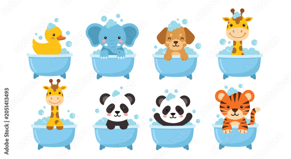 Obraz premium Cute cartoon animal characters like a puppy, giraffe, and tiger enjoying bubbles in light blue bathtubs.