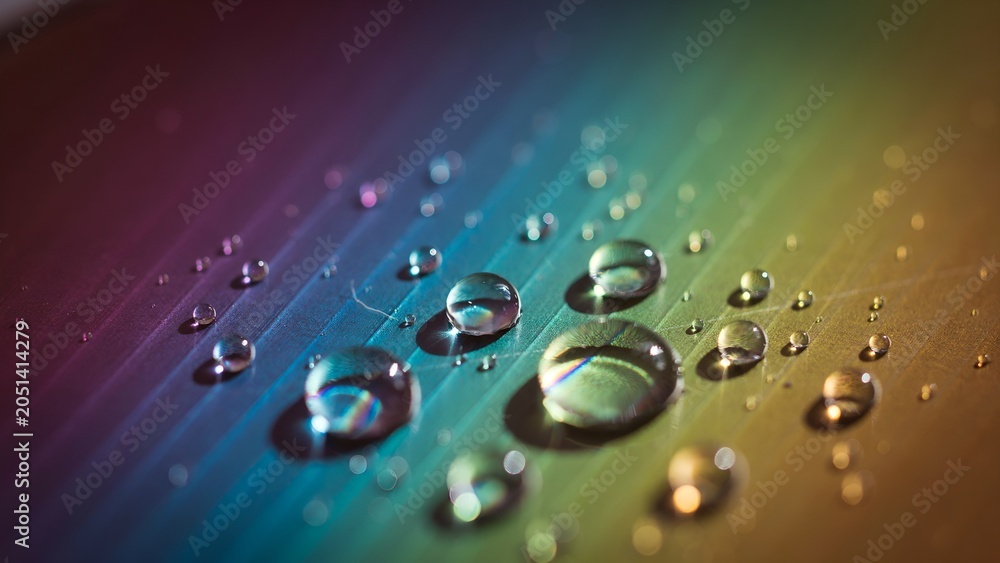 Fototapeta premium Rainbow colored water droplets, close-up macro, reflective surface, colorful background