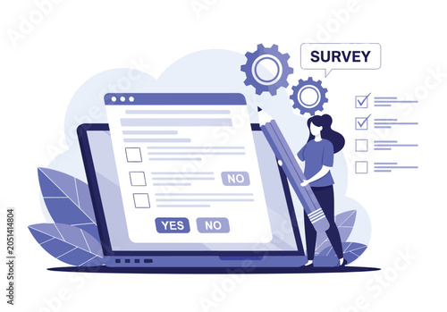 Fotografie Online survey digital feedback concept illustration featuring person filling out questionnaire on laptop screen with pen to gather customer opinions data