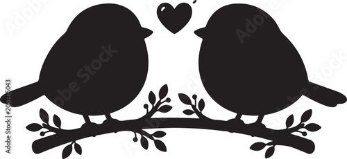 Two Love Birds Silhouette Sitting on Tree Branch with Heart