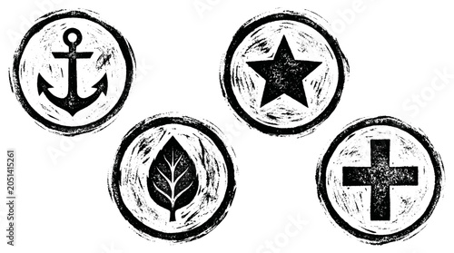 Grunge rubber stamp set with anchor star leaf and cross icons