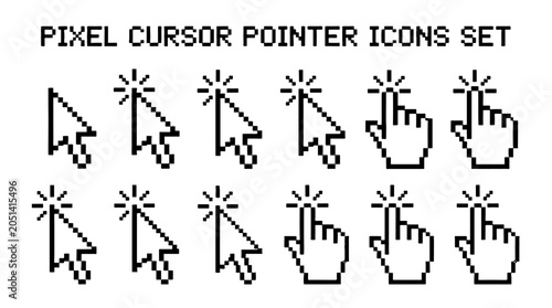 Pixel cursor pointer icons set with arrow and hand click symbols