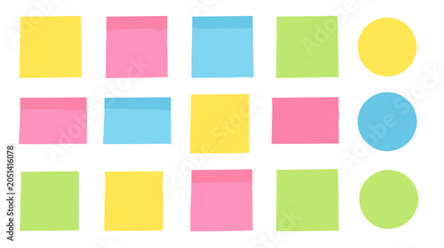 Colorful sticky note set with square rectangle and circle shapes