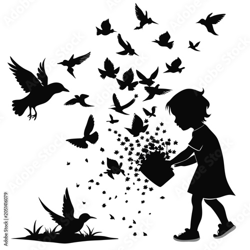 Konstfotografi A silhouette of a child releasing birds symbolizing freedom and dreams on white