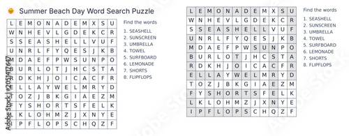 Seaside Vacation Word Search Printable With Answer Grid