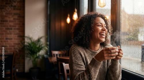 Woman laughing with coffee by rainy cafe window