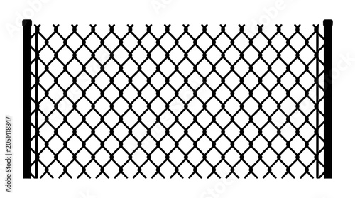 Black chain link fence silhouette isolated on white background