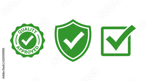 Green approval and check mark icon set with shield and badge