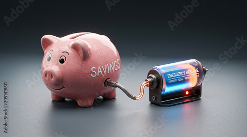 Pink piggy bank labeled savings connected to emergency reserve battery symbolizes life cycle of financial crisis and bubble recovery in creative concept