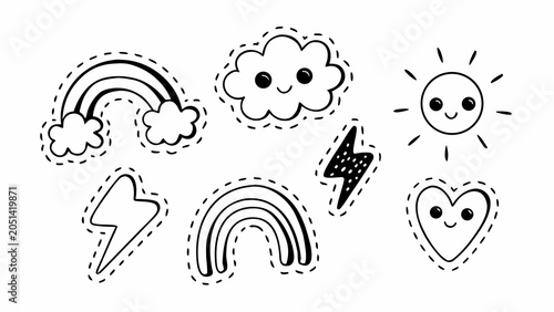 Foto Stickers featuring hand-drawn weather icons and cute symbols decorate a clean white background