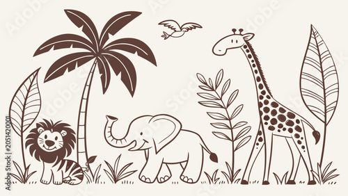 Photography Wild animals gather near a tall palm tree in this detailed black and white illustration
