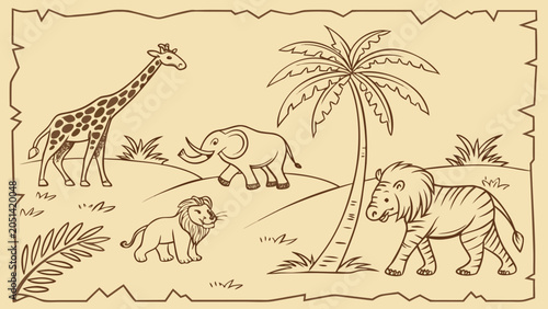 Photography Safari animals including a giraffe, elephant, and lion stand in a stylized natural landscape