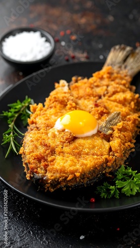 A crispy fried fish on a black plate topped with a raw egg