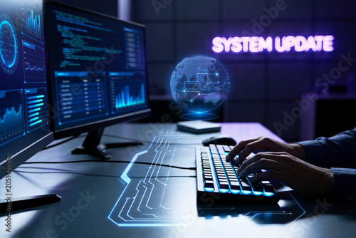 System Update with Programmer Working on Keyboard and Digital Data Visualization Screens