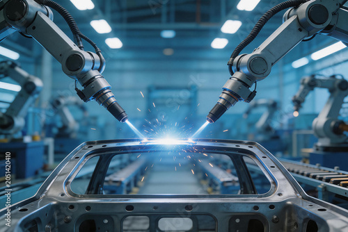 Automated robotic welding of car body frame in modern manufacturing facility