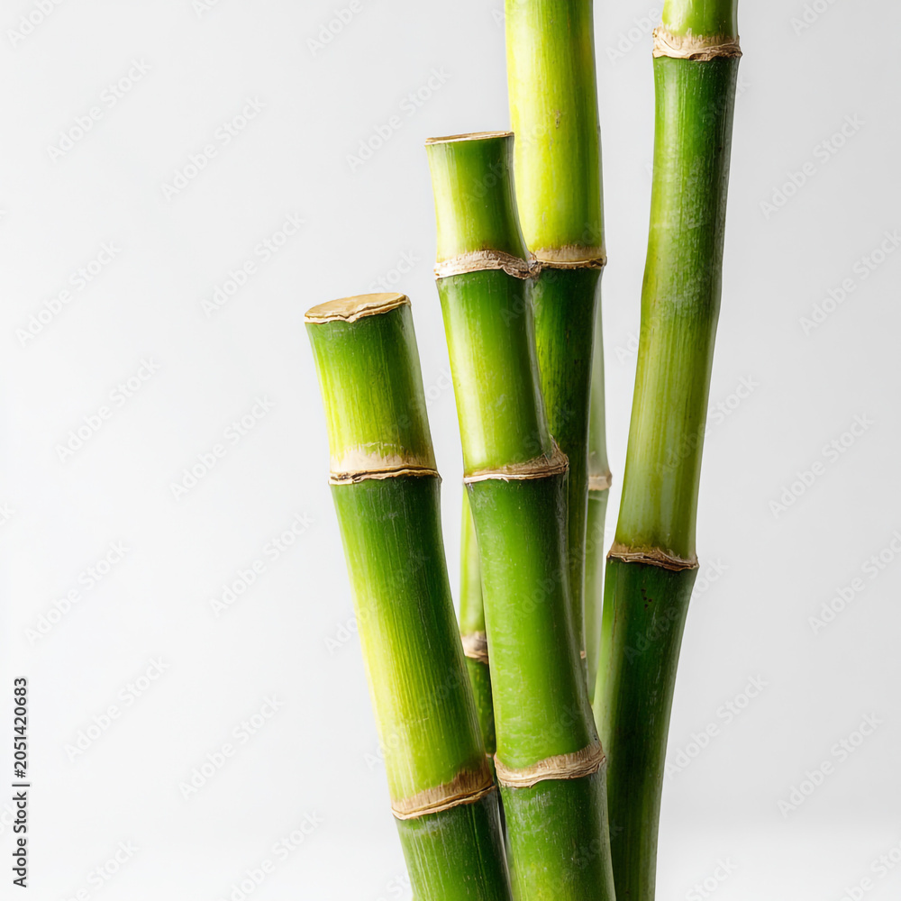 Fototapeta premium A photorealistic, high-key studio photograph of a vibrant green bamboo stalk, perfectly isolated against a pristine, clean white background with a minimalist aesthetic. 