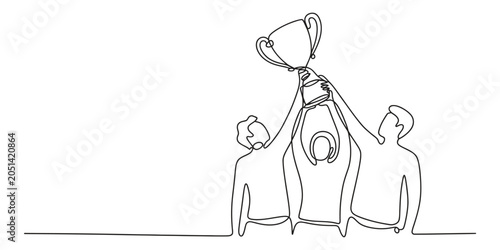 Fotografija Continuous line drawing of a happy team holding up a winner trophy cup