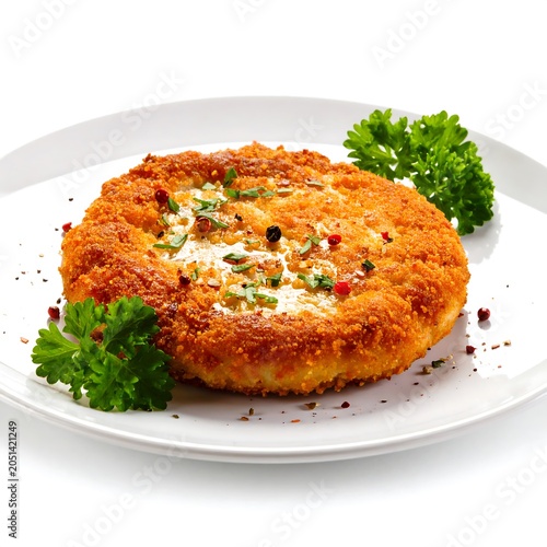 A crispy golden-brown food item garnished with herbs on a white plate