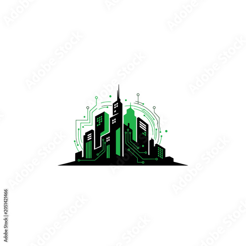 Modern City Skyline with Green Accents.