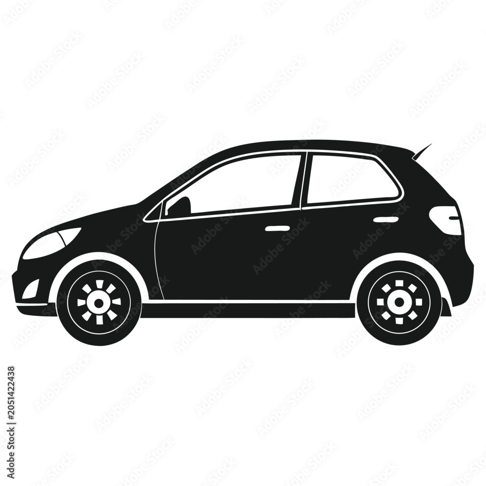 Fototapeta premium Black and white silhouette of a compact modern hatchback car in simple vector style