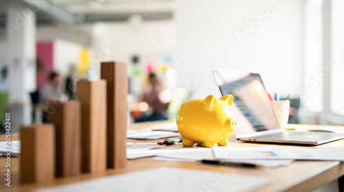 Yellow piggy bank and wooden chart blocks on modern office desk