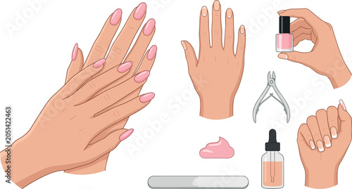 Bild auf Leinwand Manicure and Nail Care Vector Illustration Set with Pink Polish, Cuticle Nipper,