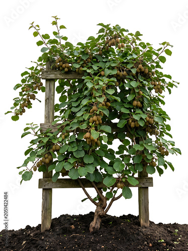 Isolated kiwi fruit plant growing on wooden trellis in a garden, on white background