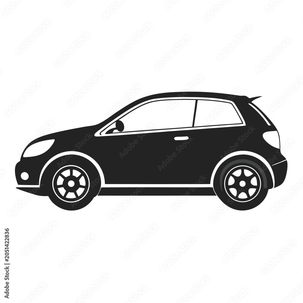 Fototapeta premium Black and white vector illustration of a modern compact car on a white background.
