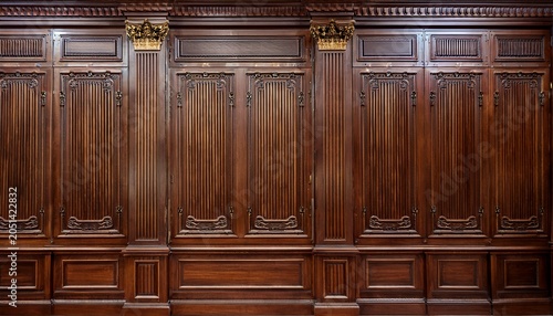 elegant dark wood paneling wall classic carved design luxury interior traditional mahogany panels premium quality british courtroom style high class woodwork luxury office library hotel